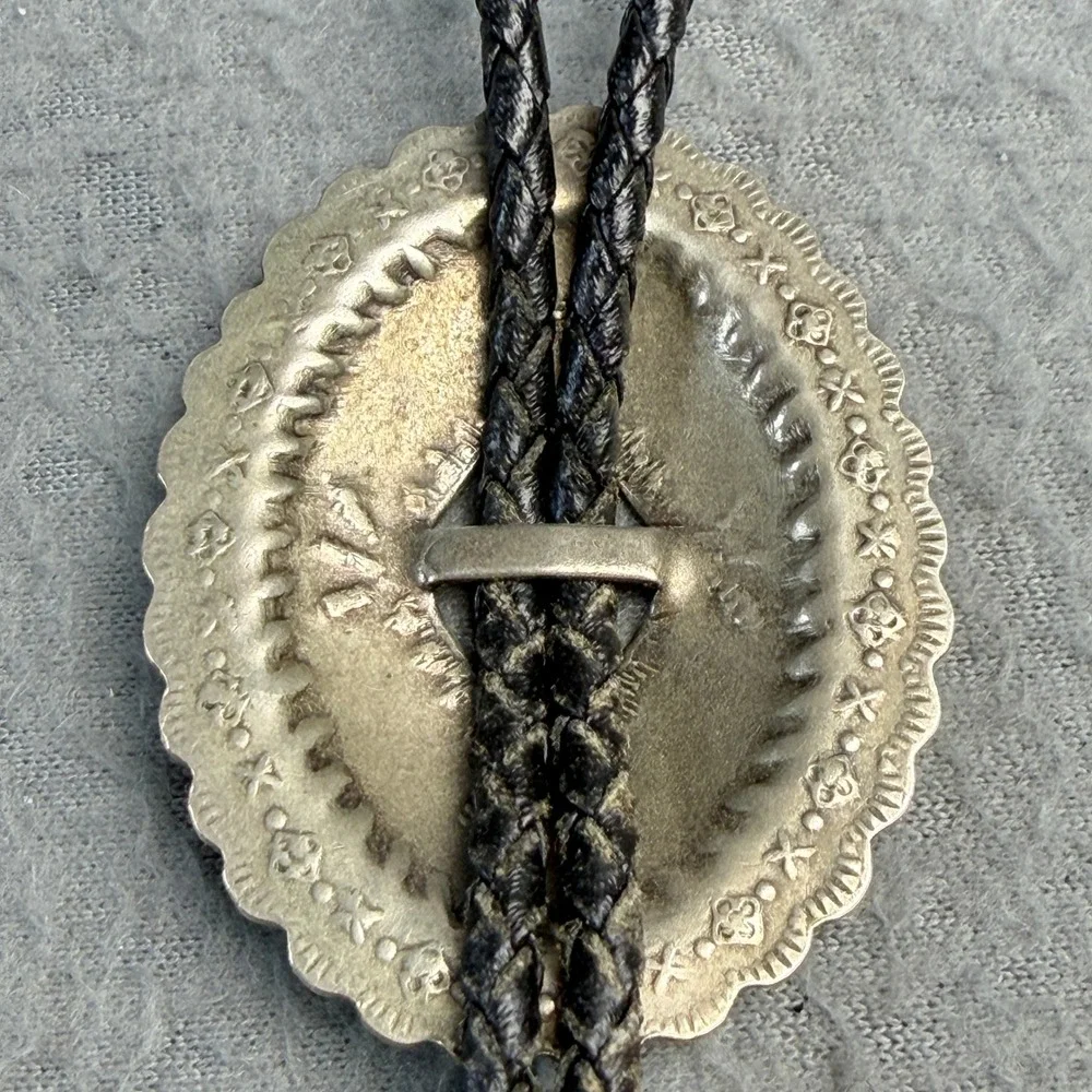 Vintage Western Bolo Tie Silver Tone Stamped Concho Black Braided Cord Cowboy